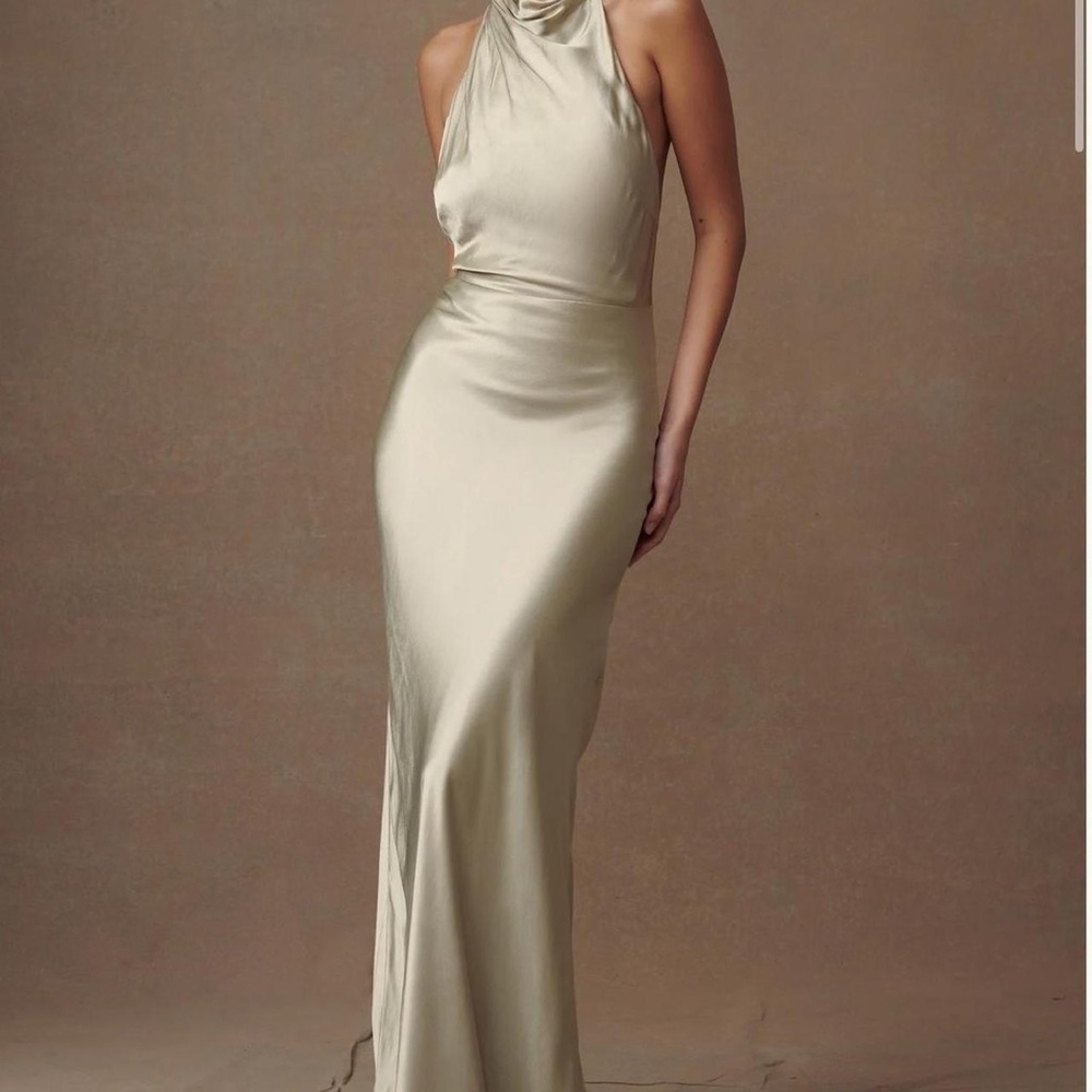 Meshki Champagne Backless Halter Satin Gown